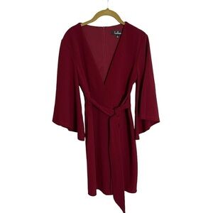 Lulus Burgundy V Neck Flare Sleeve Tie Waist Dress Small